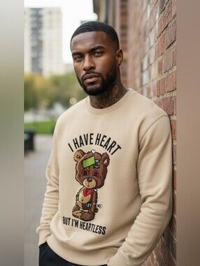 Sniper Gang Heartless Teddy Bear Graphic Crewneck Sweatshirt Tan S